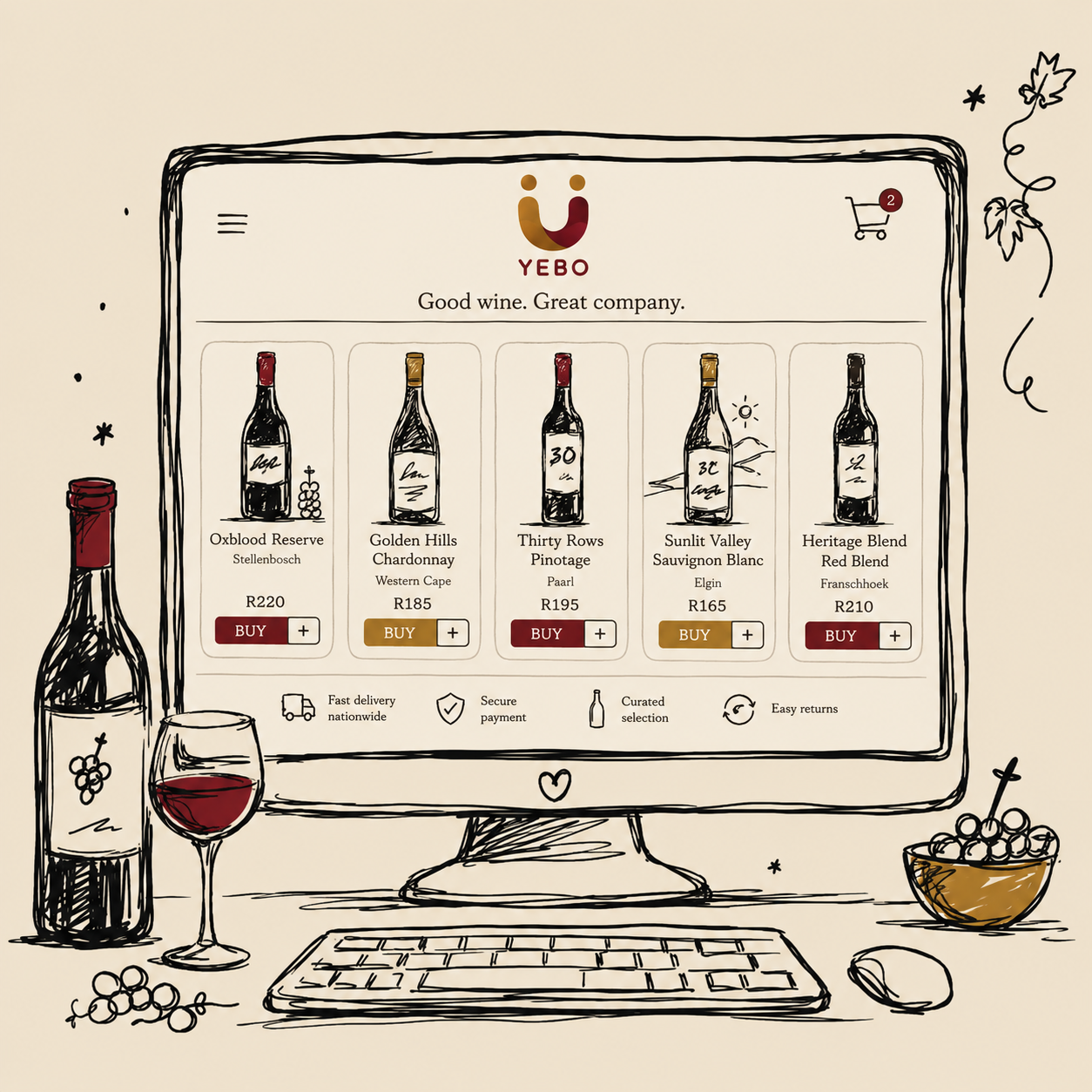 Illustrated Yebo Wine commerce interface